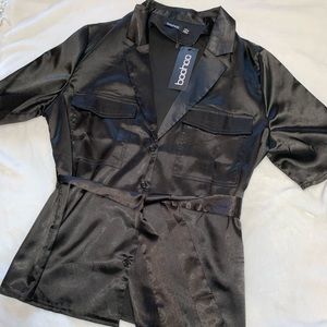 NWT Black Satin Front Tie Blouse